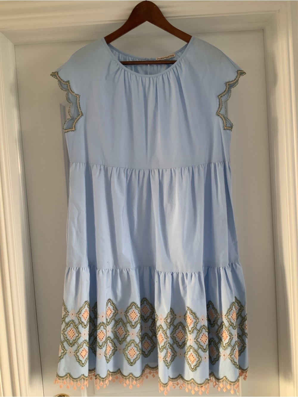 Purotatto Made In Italy Light Blue Embroidered Casual Tiered Dress